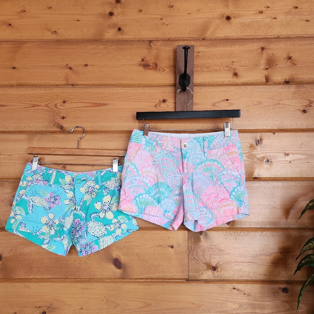 Lilly Pulitzer Lot 2 Shorts Walsh Calahan Floral Tropical Beach Shell Both Sz 00